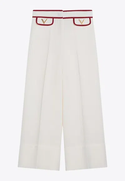 Valentino Ivory Trousers With Gold V In Neutral