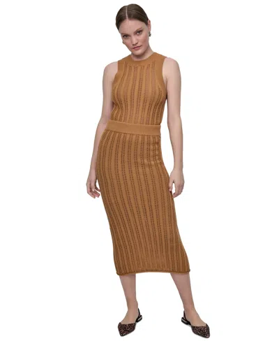 Dkny Jeans Womens Crewneck Cable Pointelle Stitch Sleeveless Sweater Midi Skirt In Brown