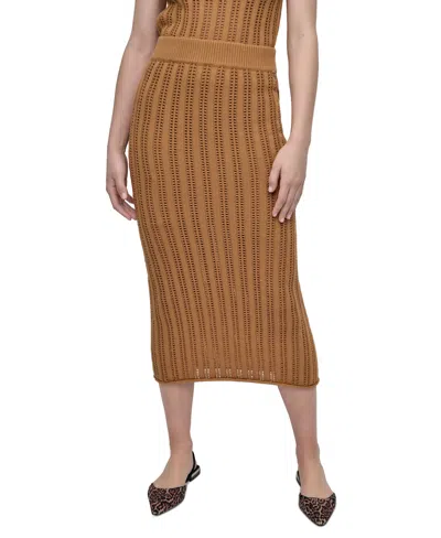 Dkny Jeans Womens Crewneck Cable Pointelle Stitch Sleeveless Sweater Midi Skirt In Brown
