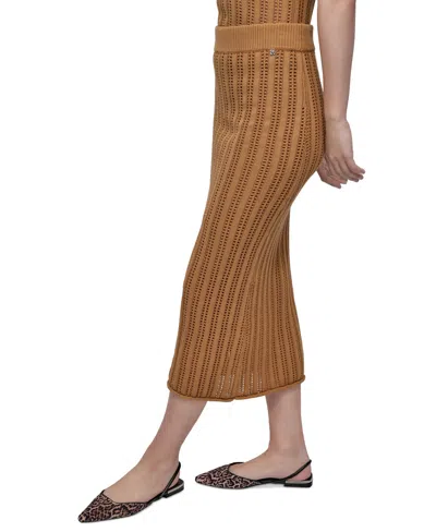 Dkny Jeans Womens Crewneck Cable Pointelle Stitch Sleeveless Sweater Midi Skirt In Brown