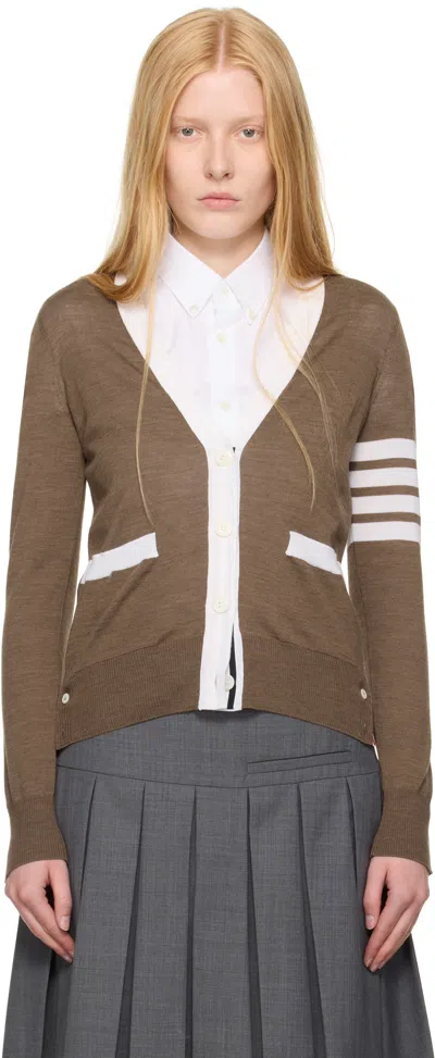 Thom Browne Relaxed Fit V Neck Cardigan 4 Bar Stripe In Brown