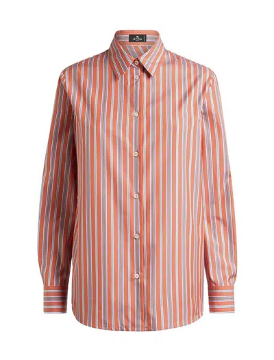 Etro Striped Cotton Shirt With Back Slit In Orange