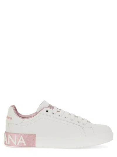 Dolce & Gabbana Portofino White And Pink Low Top Sneakers With Logo In Leather Woman