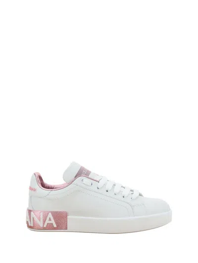 Dolce & Gabbana Portofino White And Pink Low Top Sneakers With Logo In Leather Woman