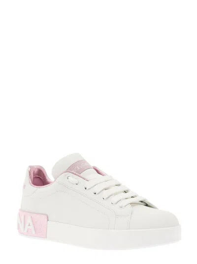 Dolce & Gabbana Portofino White And Pink Low Top Sneakers With Logo In Leather Woman