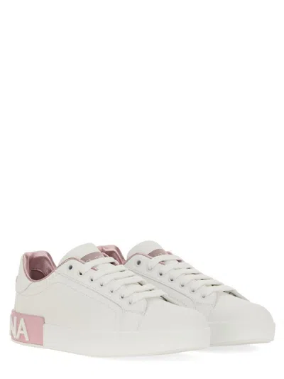 Dolce & Gabbana Portofino White And Pink Low Top Sneakers With Logo In Leather Woman