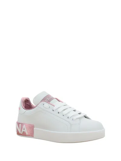 Dolce & Gabbana Portofino White And Pink Low Top Sneakers With Logo In Leather Woman