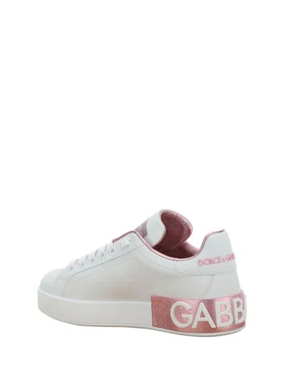 Dolce & Gabbana Portofino White And Pink Low Top Sneakers With Logo In Leather Woman