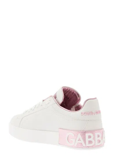 Dolce & Gabbana Portofino White And Pink Low Top Sneakers With Logo In Leather Woman