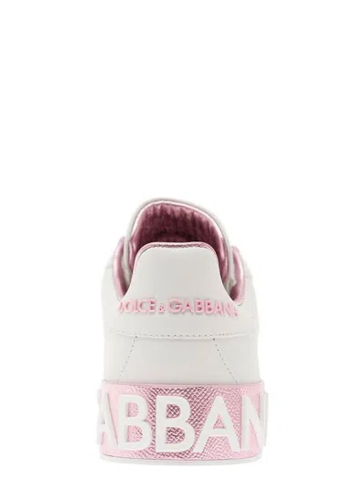 Dolce & Gabbana Portofino White And Pink Low Top Sneakers With Logo In Leather Woman