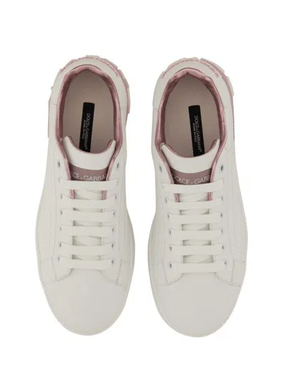 Dolce & Gabbana Portofino White And Pink Low Top Sneakers With Logo In Leather Woman