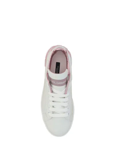 Dolce & Gabbana Portofino White And Pink Low Top Sneakers With Logo In Leather Woman