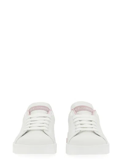 Dolce & Gabbana Portofino White And Pink Low Top Sneakers With Logo In Leather Woman