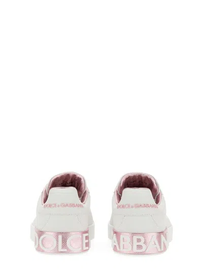 Dolce & Gabbana Portofino White And Pink Low Top Sneakers With Logo In Leather Woman