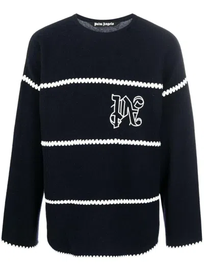 Palm Angels Navy And White Knit Sweater With Paint Monogram Stripes In Blue