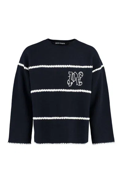 Palm Angels Navy And White Knit Sweater With Paint Monogram Stripes In Blue