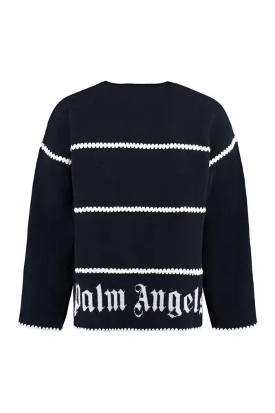 Palm Angels Navy And White Knit Sweater With Paint Monogram Stripes In Blue