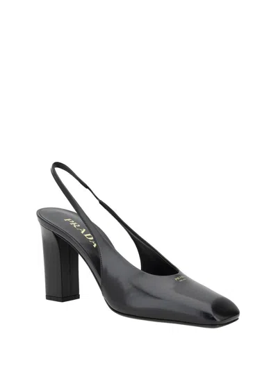 Prada Block Heel Patent Finish Pointed Toe Ballerina Shoes In Black