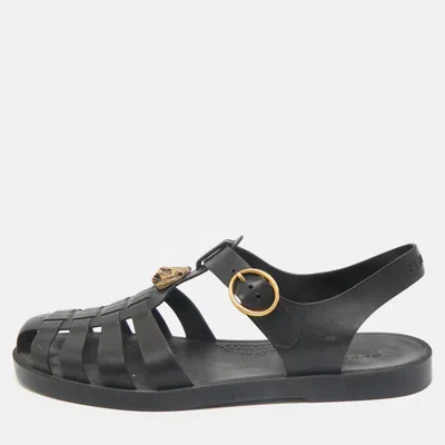 Pre-owned Gucci Black Rubber Double G Lion Head Strap Flat Sandals Size 43