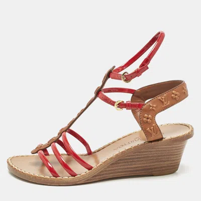 Pre-owned Louis Vuitton Brown/red Monogram Embossed Leather And Patent T-strap Wedge Sandals Size 36