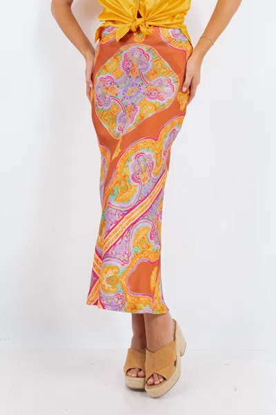 Paparazzi Satin Watercolor Print Bias Cut Skirt In Orange