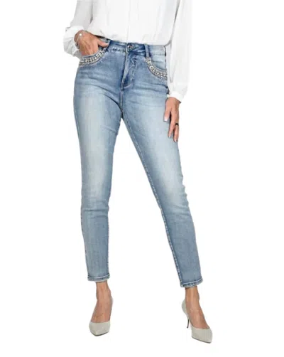 Frank Lyman Rhinestone Embellished Pockets Jeans In Light Wash In Blue