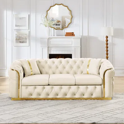 Streamdale Furniture Streamdale 90" Velvet Tufted Chesterfield Sofa - Beige