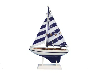 Handcrafted Cast Iron Wooden Blue Striped Pacific Sailer Model Sailboat Decoration 9"