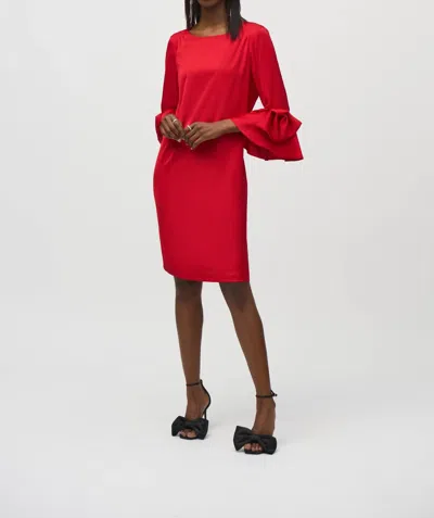 Joseph Ribkoff Satin Riffle Sleeve Straight Red Dress In Lipstick Red In Red