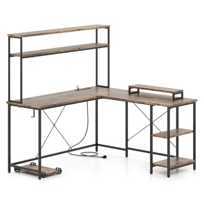 Hivvago L-shaped Reversible Gaming Desk With Led Strip And Power Outlets Hutch Monitor Stand
