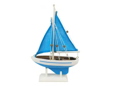 Handcrafted Cast Iron Wooden Light Blue With Light Blue Sails Pacific Sailer Model Sailboat Decoration 9"