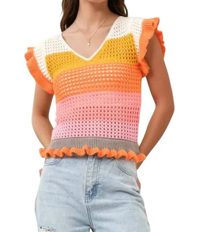Blue B Keesha Crochet Knitted Multi Stripe Ruffle Sleeve Top In Orange Multi In Multi