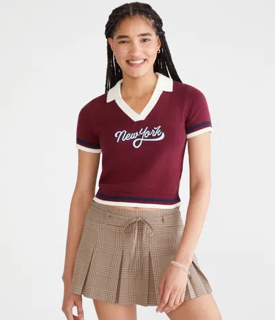 Aéropostale New York Cropped Graphic Sweater Polo In Burgundy