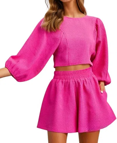 Glam Catalina Round Neckline Balloon Sleeve Top & Short Set In Magenta In Pink