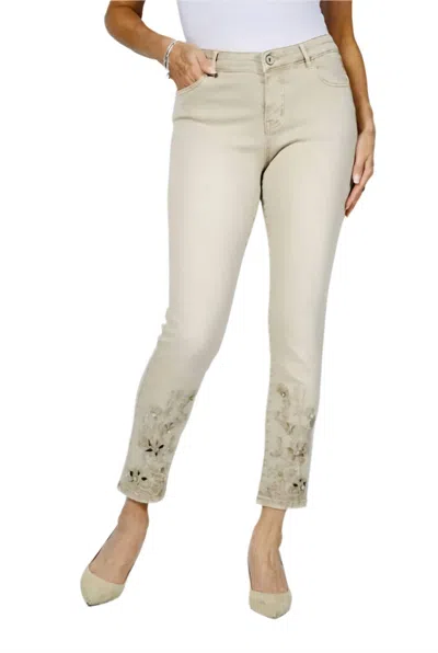 Frank Lyman Rhinestone Embellished Hem Jeans In Beige In Gray