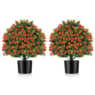 Hivvago 2 Pack Artificial Rose Topiary Ball Tree Faux Shrub Bushes With Flowers-red