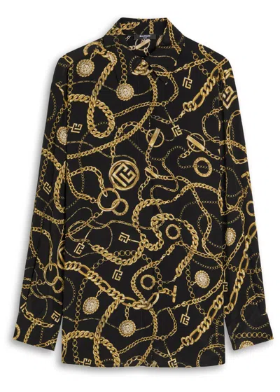 Balmain Shirt Chain Print Gold Buttons In Black