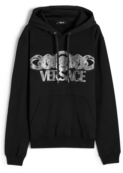 Versace Intricate Logo Print Sweatshirt With Kangaroo Pocket In Black
