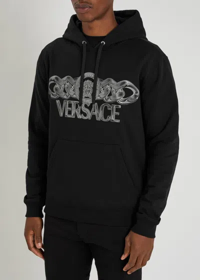 Versace Intricate Logo Print Sweatshirt With Kangaroo Pocket In Black