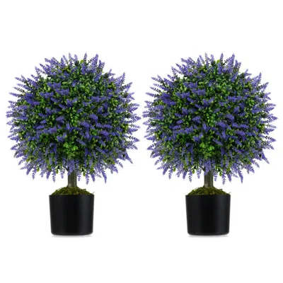 Hivvago 23 Inch Set Of 2 Artificial Lavender Topiary Ball Trees With Cement-filled Pot