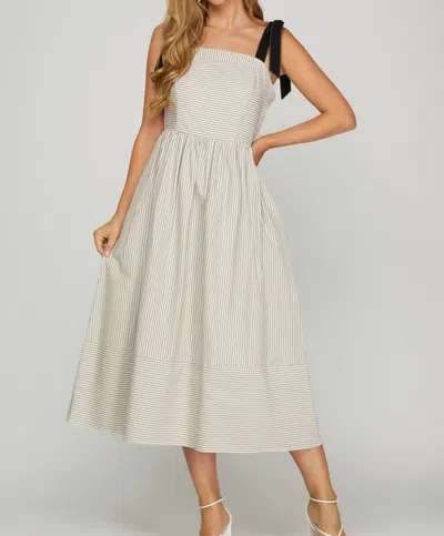 She + Sky Ribbon Tie Strap Striped Midi Dress In Off White