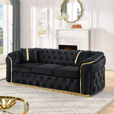 Streamdale Furniture Streamdale 90.6" Velvet Button Tufted Chesterfield Sofa - Black