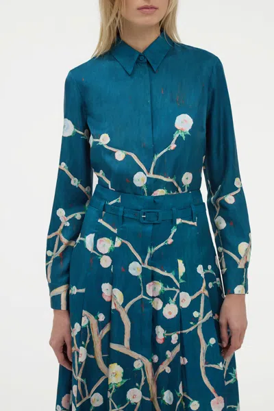 Gabriela Hearst Dugald Pleated Midi Skirt In Blue Multi Printed Silk Twill In Blue