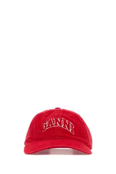 Ganni Washed Cotton Canvas Embroidered Cap In Red