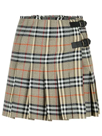 Burberry Womens Check-print Pleated Wool Mini Skirt Crater Dk Charcoal C In Gray