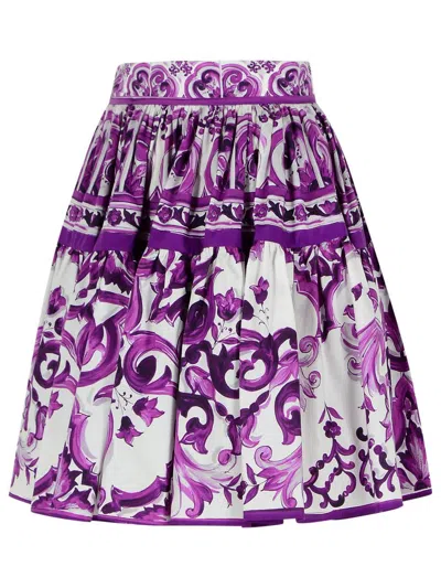 Dolce & Gabbana Violet Pleated Miniskirt With Rear Zip Closure And All-over Graphic Print In Cotton Woman In Purple