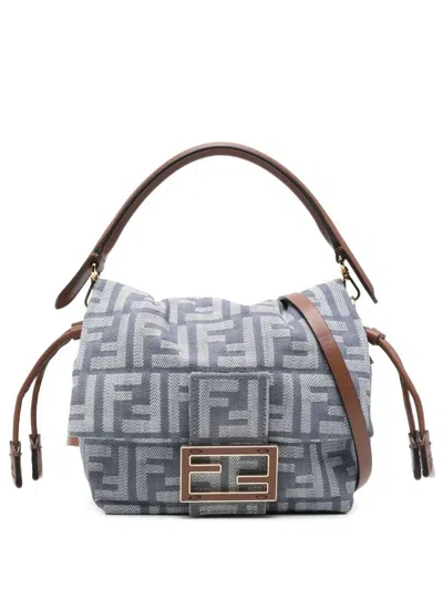 Fendi Denim-effect Ff Jacquard Mamma Baguette Small Bag In Blue