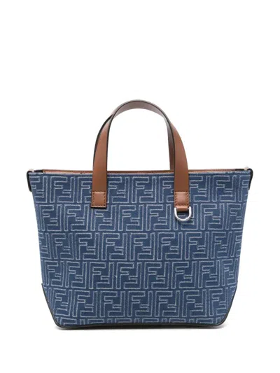 Fendi Denim Effect Ff Jacquard Small Shopping Bag In Blue