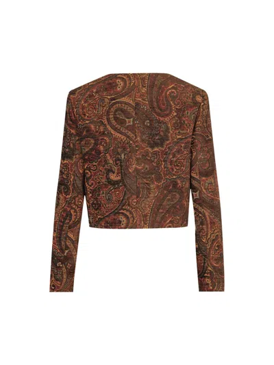 Chloé Multicolor Cropped Jacket With Round Neck And All-over Motif In Cotton Blend Woman In Brown