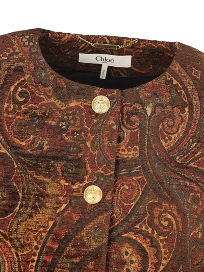 Chloé Multicolor Cropped Jacket With Round Neck And All-over Motif In Cotton Blend Woman In Brown
